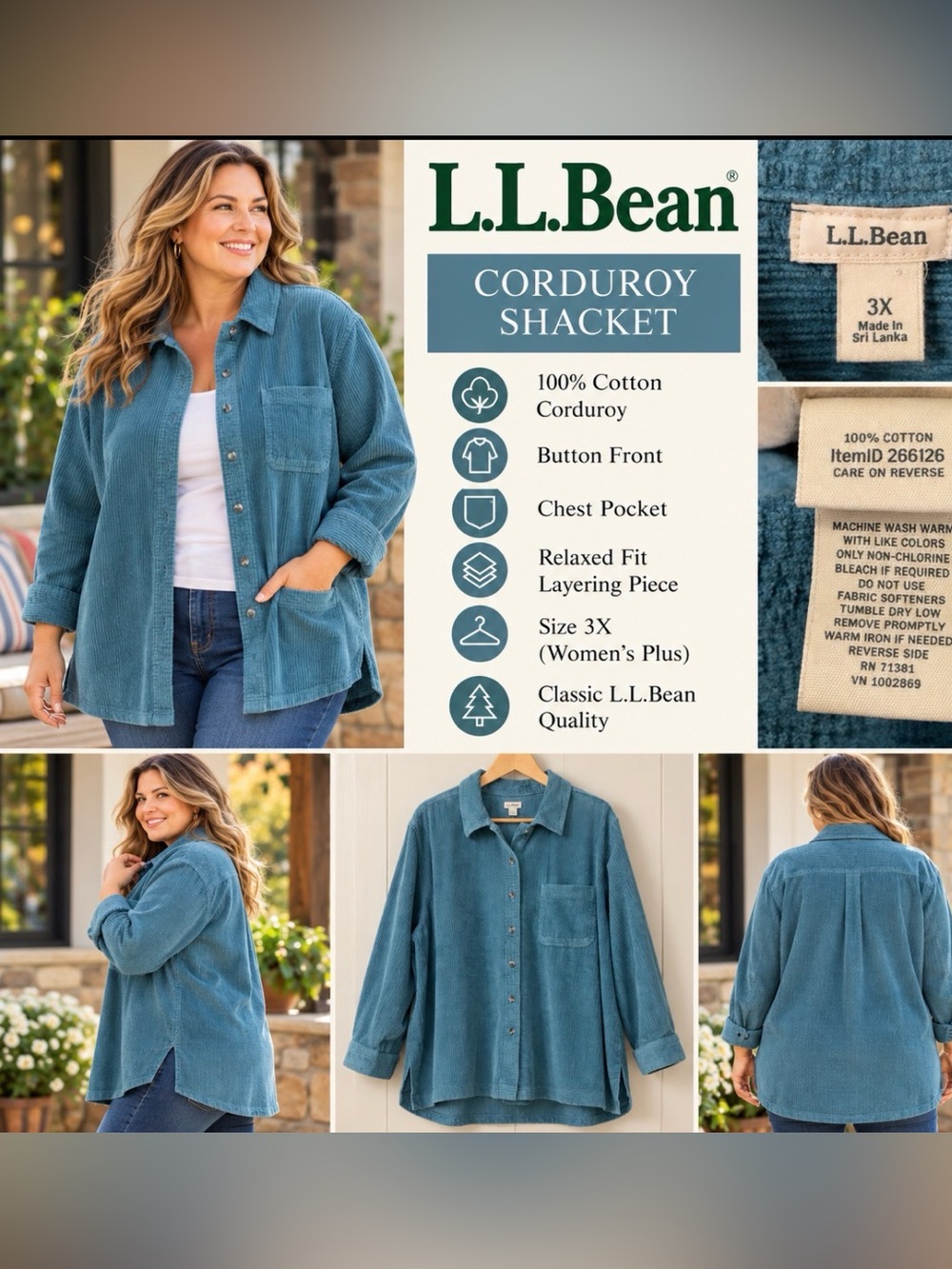 L. L.Bean Women's 3X 100% Cotton Corduroy Big Shirt Shacket